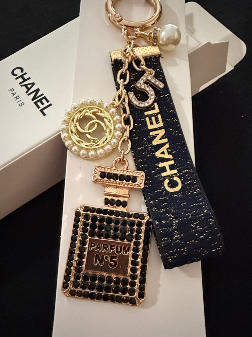 CHANEL Gold and Black Pearl Logo Key & Charm Holder
